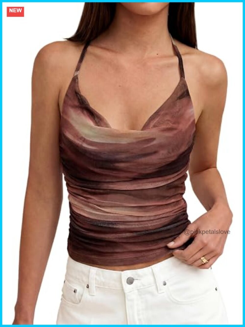 Women's Cowl Neck Halter Top with Floral Print and Mesh Backless Detail Going
